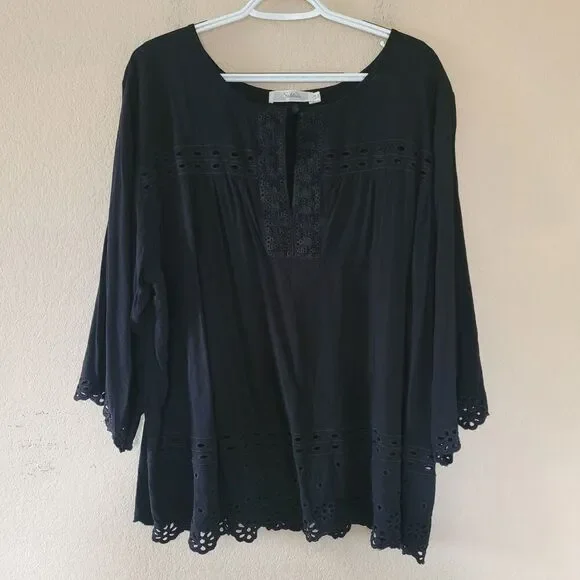 Solitaire Peasant Black Top Tunic Womens 3x Bohemian Kimono Sleeve Eyelet Boho - Picture 1 of 7